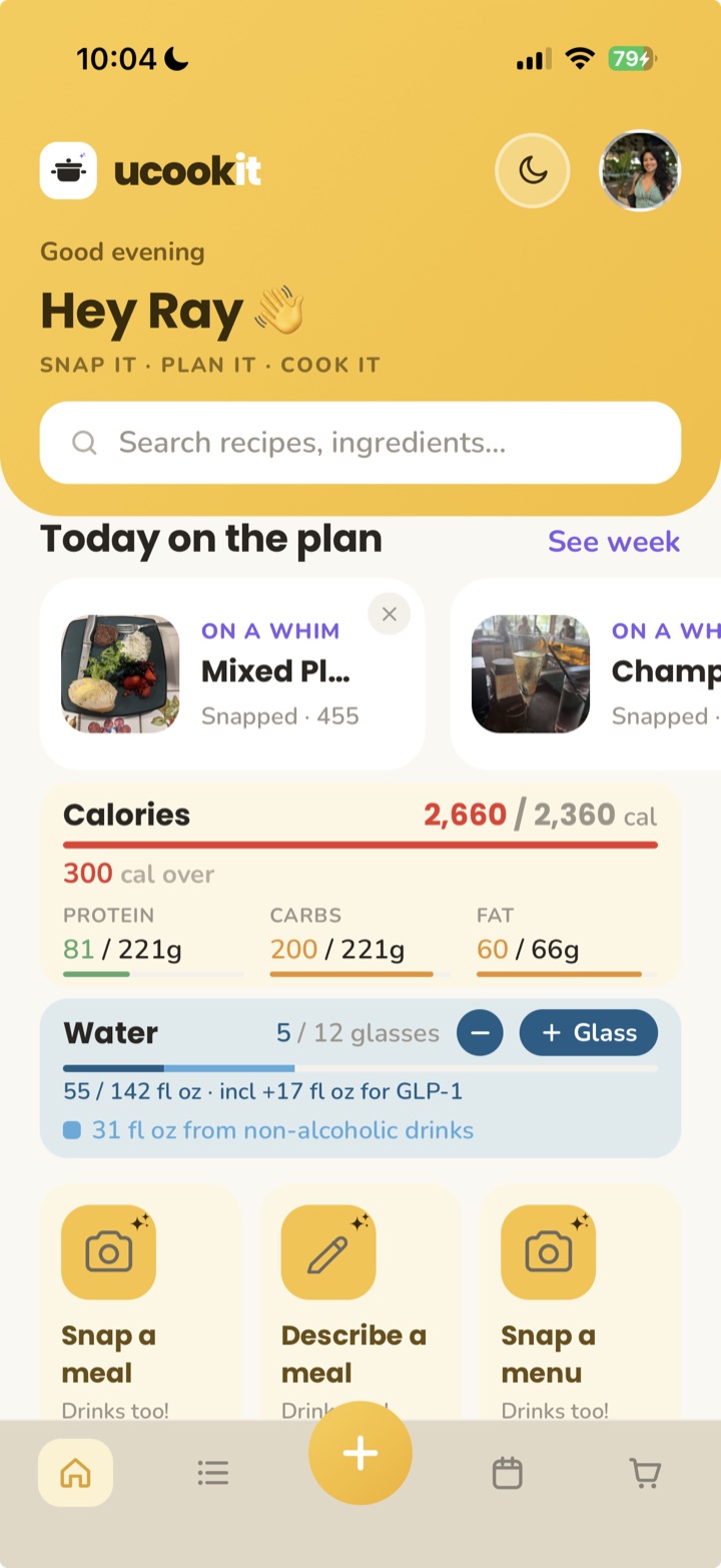 ucookit app home screen showing daily calories, macros, water and quick actions